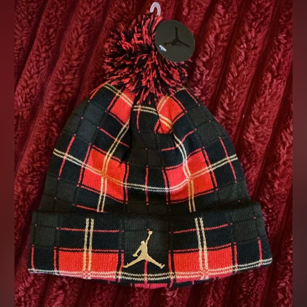 Jordan Kids Black and Red Plaid Pom Beanie with Gold Jumpman